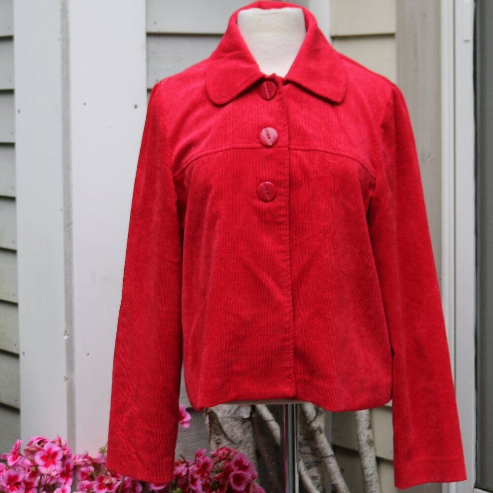 EUC  Requirements Red Stretch Corduroy Round Collar Jacket Sz LARGE    Box 7